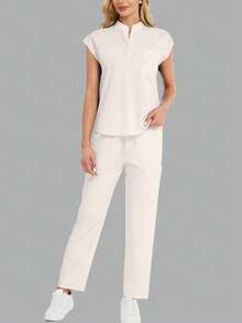 2pcs Set: Minimalist Solid Color Notch Collar Top And Long Pants Pajama Set Spring - Beige - View 5