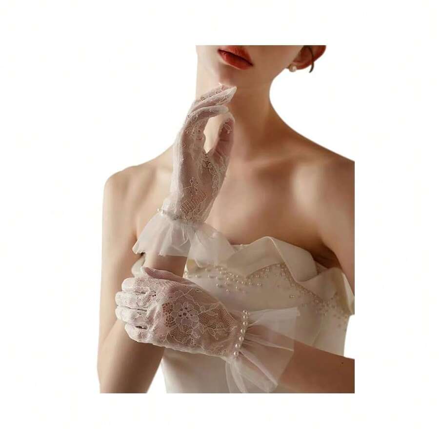 Short Lace Mesh Gloves Tulle Border With Pearls Wedding Opera Tea Party Gloves For Women Formal,OneSize,Ivory - 象牙 - 查看 1