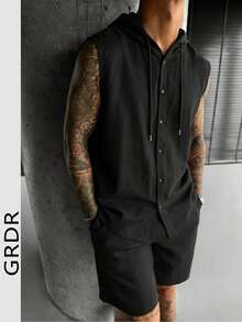GRDR 男士休闲棉麻连帽背心和棉麻休闲短裤套装 | 精致设计 | 夏季必备 | 易于搭配，展现您的时尚风格 - 黑色 - 查看 2