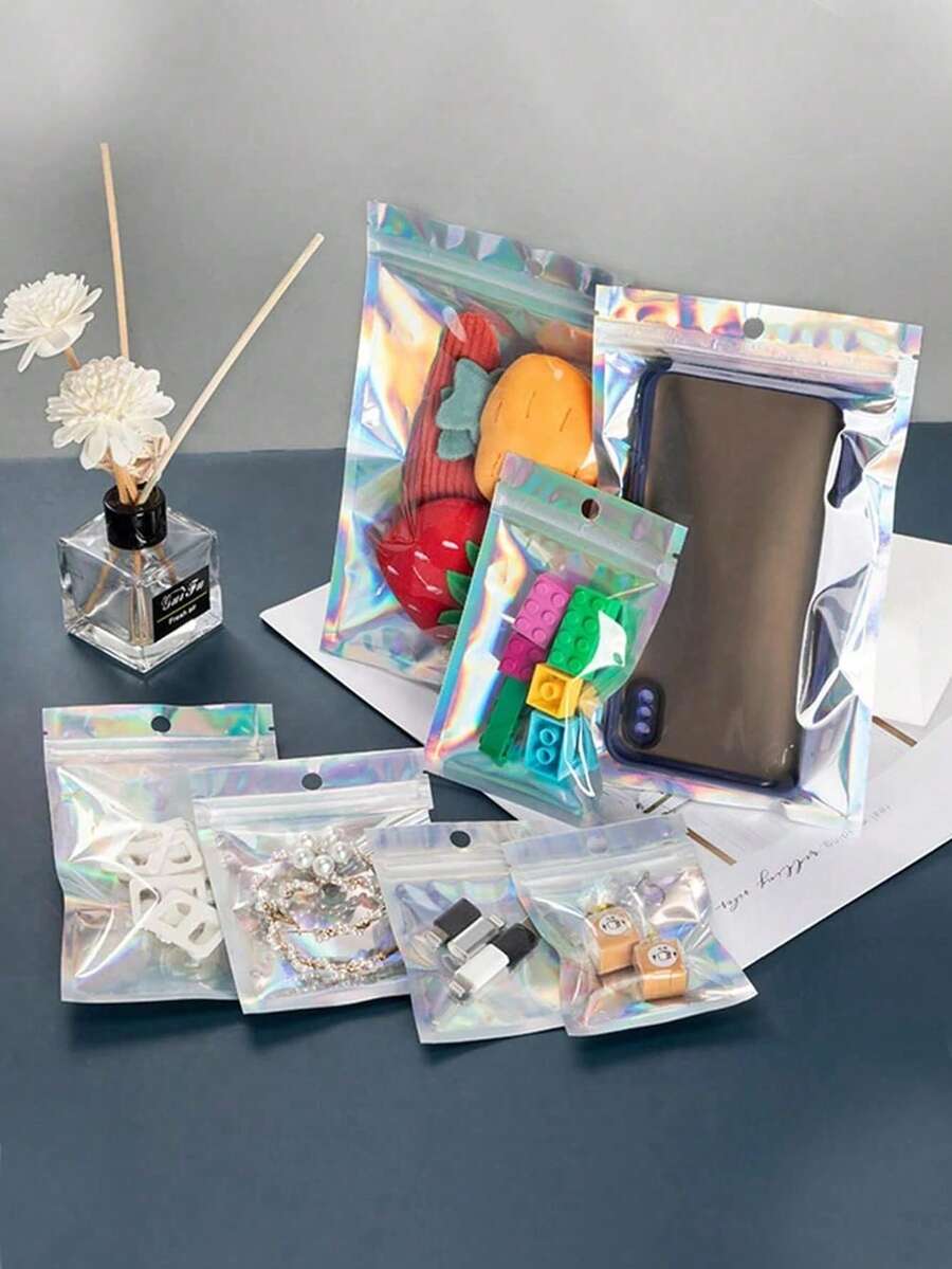 100pcs Holographic Self-Sealing Bags, Suitable For Jewelry And Gift Packaging, Colorful OPP Bags, Thickened DIY Clear Storage Bags, Sealable Bags, Multi-Purpose Storage Bags, Jewelry Gift Boxes And Packaging Accessories