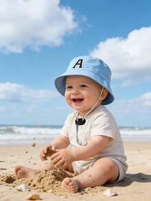 儿童26字母印花遮阳帽，带可调节防风绳，休闲风格婴儿渔夫帽，适合户外、海滩、防晒 - 淺藍色 - 查看 4