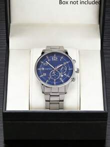 1 Piece Multi-Function Men's Quartz Watch, Silver-Tone Case, Paired With Silver Metal Strap And Blue Multi-Function Dial, Showcasing Refined Business Style And Fashionable Charm. Suitable For Christmas Parties, New Year Commuting, And Various Occasions.