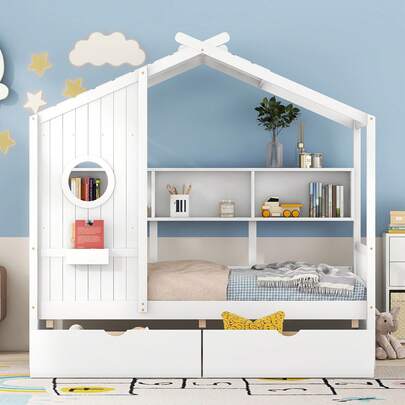 Twin Size Kids Playhouse Bed With Wooden Roof And 2 Large Drawers, Open Storage Shelves, Modern Fabric Bed Frame, Gold Headboard, No Box Spring Required, Strong Weight Capacity, Easy Assembly,Pine Wood Frame Suitable For Bedroom (Mattress Not Included)(2 Packages Delivery)