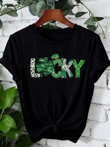 Women'S Lucky St. Patrick'S Day Graphic Tee, 100% Polyester Short Sleeve Crew Neck T-Shirt, Casual Spring/Summer Knit Pullovers With Applique Detail, H-Contour Regular Length Top - Black - View 3