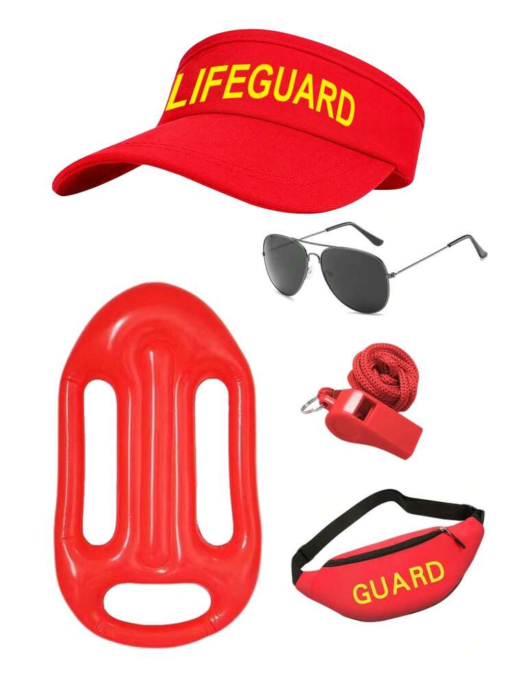 1/2/3/4/5pcs Spring/Summer New Lifeguard Costume Set, Holiday Roleplay Outfit Includes Peaked Cap, Red Sunglasses, Whistle, Surfboard, Bag, Beach Vacation Costume, Valentine's Day - Multicolor - View 11