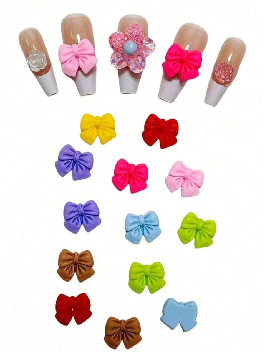 40个散装多巴胺春季清新绿色粉色玫瑰红蓝色紫色黄色咖啡色Y2K可爱树脂3D蝴蝶结仙女美甲装饰饰品法式芭蕾舞棺材公主日常美甲配件小号平底丝带蝴蝶结手机壳饰品指甲 - 彩色 - 查看 1