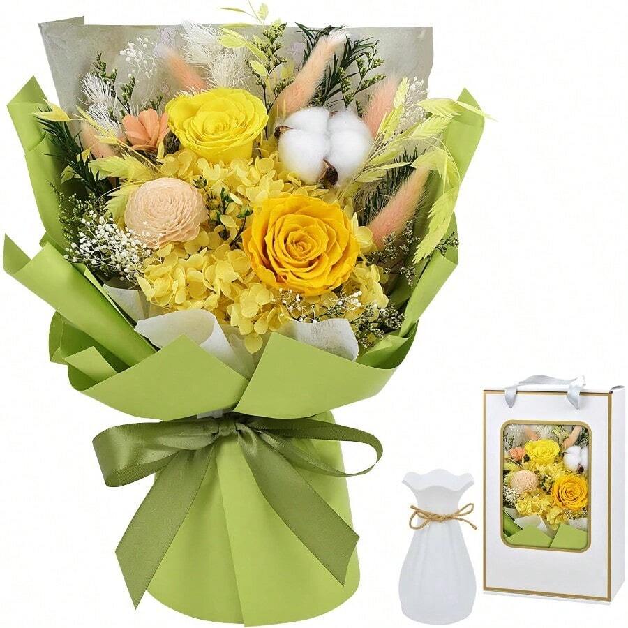 Ramo de flores preservadas flores para siempre ramo de rosas eternas para el dia de San Valentin dia de la madre Navidad regalos de cumpleaños con jarron (morado) - Verde - Ver 1