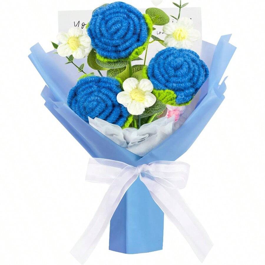 YDKGPSH Ramo de rosas de ganchillo ramo de flores de ganchillo hecho a mano para el dia de San Valentin boda aniversario Navidad Año Nuevo rosa medio-azul - Azul+Mediano - Ver 1
