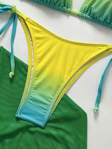性感时尚黄绿渐变色挂脖比基尼三件套 - 三角上衣 + 系带泳裤 + 修身中长裙 | 海滩度假必备泳装 - 綠色 - 查看 7