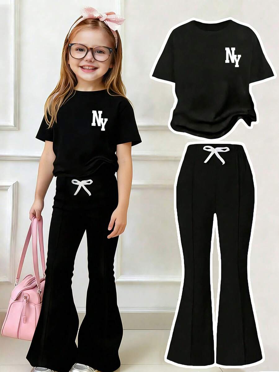 Áo thun ngắn tay in chữ và quần ống loe ôm sát dành cho bé gái. - màu đen - Xem 1