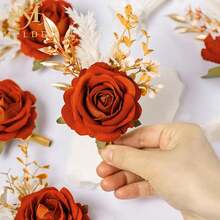 Burnt Orange Velvet Rose Boutonniere For Men,Set Of 6,Groom And Best Man Boutonnieres With Artificial Flower,For Wedding Ceremony Anniversary, Dinner Party, Fall Vintage Rustic Marriage Prom,6pcsOrangeBoutonnieres - 6顆橘色胸花 - 查看 8