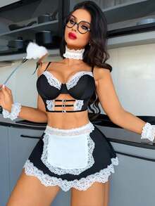 4件套女士性感内衣短裙套装，可调节肩带，镂空设计三角杯内衣及围裙装饰，腰部蕾丝弹力手链及蕾丝颈环，蕾丝拼接，舒适女仆装套装 - 黑色 - 查看 10