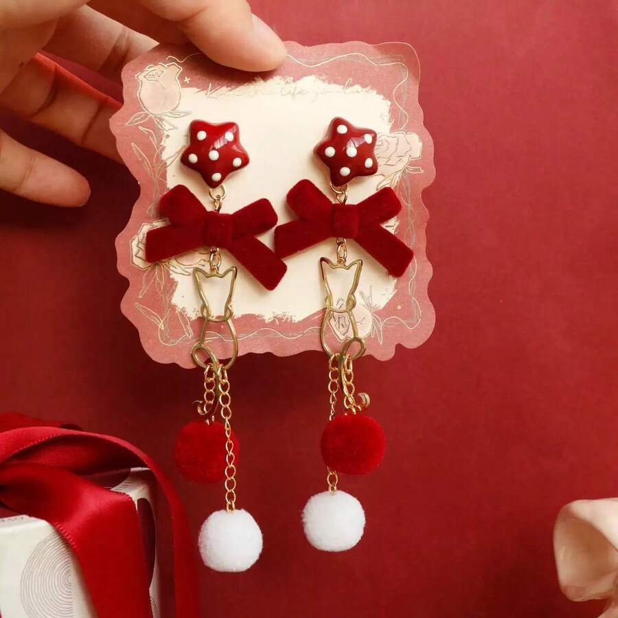 Bow, Star, Cat Pom Pom Earrings, Suitable For Women In Autumn/Winter