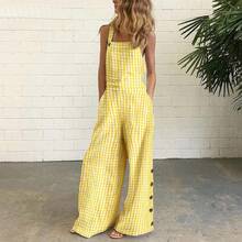 European And American New Style Cotton And Linen Printed Button Decorated Sleeveless Loose Strap Jumpsuit For Women - Yellow Checkered - View 12