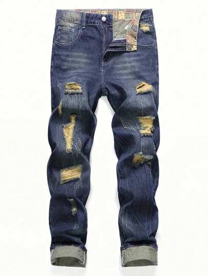 1 pieza Pantalones jogger cargo de estilo casual de calle azul para hombres, con roturas y desgaste, transpirables con bolsillos, de unicolor y ajuste grueso para caminar por la ciudad, actividades al aire libre con padres e hijos, estilo emo