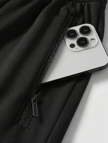 Casual Sports Pants, Men's Sweatpants, Outdoor Fitness Running Jogger Pants With Pockets And Zipper, Elastic Waistband, Graphic Print, Suitable For Spring/Summer Daily Wear - Black - View 5