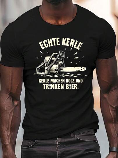 Camiseta de Hombre con Estampado de Motosierra en Alemán - Ligera, Casual de Verano, Manga Corta, Cuello Redondo, Diseño con Temática de Motosierra para Actividades al Aire  Uso - Ropa Cómoda en Alemán