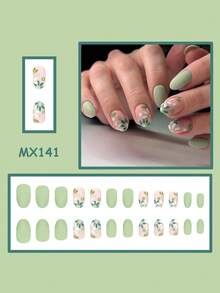 24pcs Oval Shaped Press-On Nail Stickers, Spring Fresh Green Matte Floral Nail Decals, Short Nail Art Set, Acrylic Nail Stickers, Matte Short Nail Stickers, Nail Care Products, Press-On Nails, Suitable For Women For Dates, Parties, Gatherings, Events And Daily Photo Shoots To Enhance Your Charm