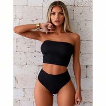 Women's Comfortable Beach Bikini - Bandeau High-Waist Set, Elastic Ruched Top (Blue & Black Options),Slim Fit Runs Small Recommend Order One Size Up, Tummy Control Waist Ruched Cinching, Swimwear For Beach Vacation & Pool Party - Black - View 8
