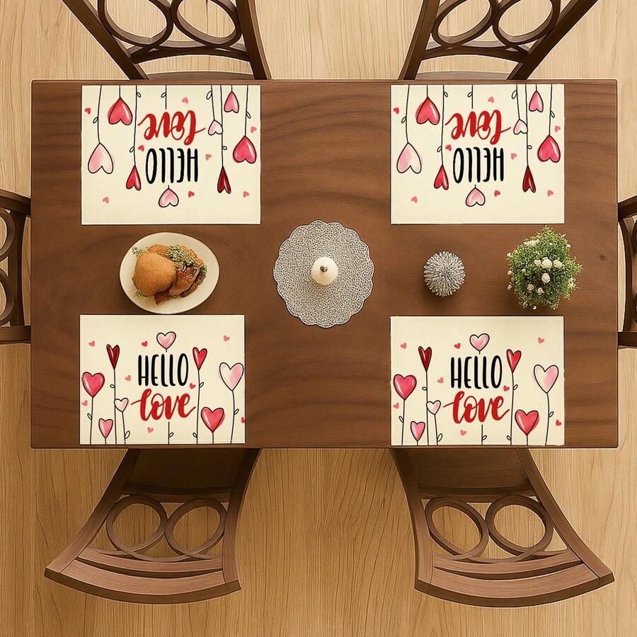 4Pcs Red And White Valentine's Day Heart Balloon Pattern Farmhouse Heat-Resistant Placemats For Terrace Round Tables Holiday Parties Kitchen Home Dining Tables Tea Party Tables