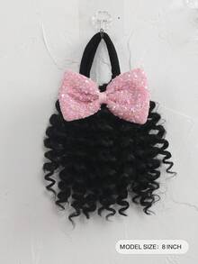 1pc ﻿Black Hair Curly Ponytail With Shiny Bow Elastic Extension Synthetic Hairpiece For Kids - Natural Black - View 3