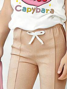 Toddler Girls' Cartoon Print Round Neck Short Sleeve Top And Flare Pants Set - White - View 4