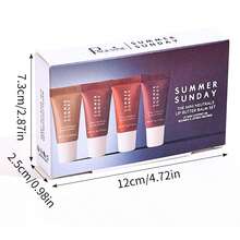 四支装润唇膏套装，四种口味，蕴含玻尿酸和维生素E，保湿丰盈，透明色，不粘腻，纯素配方，唇部护理，适合干燥唇部，日常使用。