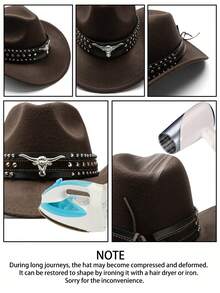 1pc Unisex Retro Western Cowboy Hat With Horn Pattern, Suitable For Casual Wear And Western Cowboy Party - Three-row Rivet Cowboy Hat - View 4