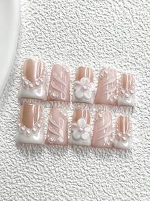 10片透明软胶美甲贴，亚克力美甲套装，手绘五瓣白色雕塑花美甲装饰，不对称白色水钻波浪设计，纯色水波纹美甲装饰，白色指甲油，包含美甲工具（1片果冻贴+1个指甲锉），3种尺寸可选：杏仁形、鸭嘴形、棺材形，适合通勤、情人节、派对、玩耍和拍照、冬季日常美甲，手工美甲贴片 - 彩色 - 查看 13