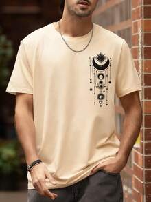 Men's Mysterious Aesthetic Bohemian Style Round Neck Short Sleeve Printed Casual Top, Summer - Apricot - View 2