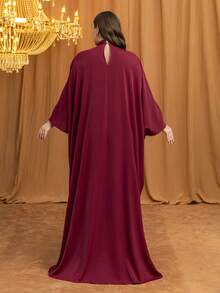 UNITHORSE Women's [Random Cut] Stand Collar Batwing Sleeve Long Luxury High-End Elegant Sequin Lace Patchwork Matte Satin Women Sleepwear Dress - Burgundy - View 7
