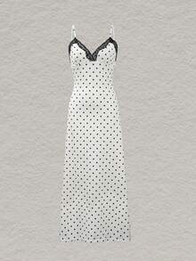 2026 Spring/Summer Fashion : One Polka Dot & Lace Patchwork Spaghetti Strap Versatile Dress Party White Elegant - White - View 4