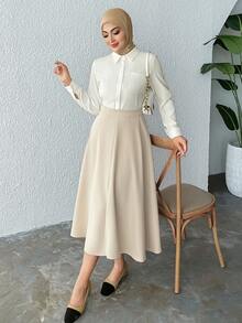 DAZY Falda larga y acampanada de unicolor para otoño - Beis - Ver 4