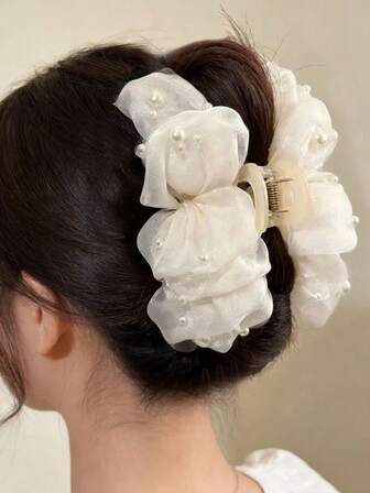 1pc Ethereal Bubble Mesh Pearl Hair Claw Clip, Elegant Multi-Layer Bow Design, Oversized Hair Claw, Suitable For Updo, Ponytail, Everyday, Party, Holiday, Birthday, Ideal Practical Gift