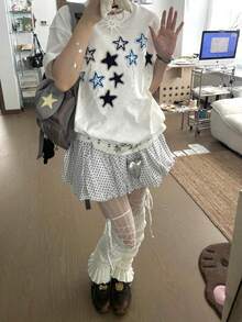 Y2K Cute Star Print Short Sleeve T-Shirt For Women, Loose Round Neck Slimming Sweet & Spicy Babe Style Tee - White - View 5