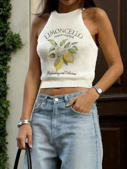 Plus Size Summer Fashion Bohemian Casual Vacation Women , Minimalist Lemon Letter Print Sleeveless Sweater Vest, Suitable For Brunch