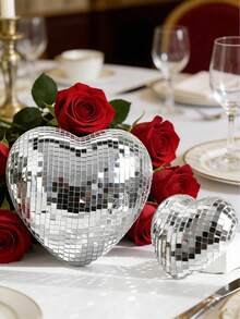1pc Silver Disco Heart Decor, Mirror Tile Heart Ornament, Heart Tabletop Decor, Retro Disco Style Home Accent, Indoor Living Room Bedroom Decoration, Shiny Mirror Wall Art, Reusable Party Decoration, Fashionable Charm Home Decor, Stylish Tabletop Display, Fun Disco Theme Decoration - Multicolor - View 3
