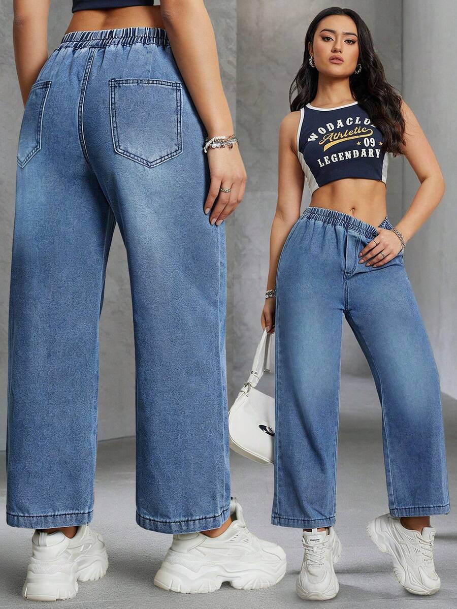 Women's Casual Wide Leg Cropped Pants, Straight Leg, Elastic Waistband, Non-Stretch Material, Solid Color, Suitable For All Seasons, Woven