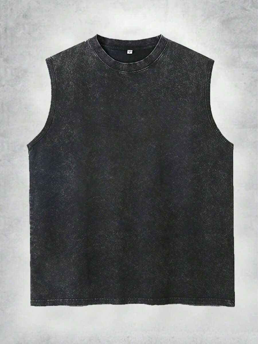 EWH Men's Distressed Sleeveless Tank Top Charcoal Washed Vintage Style Oversized Crewneck Vest Retro Casual Outfit VS003-AB - 黑色 - 查看 1