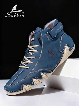 Salkin Handmade Casual Men's Shoes, Breathable Designer Boots With Hook And Loop Elastic Band, Comfortable Non-Slip Wear-Resistant Flat Leather Shoes, Ankle Boots For Outdoor Activities, Spring Autumn Winter