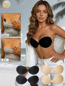1/2/4 piezas Sujetador adhesivo invisible sin tirantes con efecto push-up, adecuado para vestidos sin espalda, cubiertas adhesivas reutilizables para pezones, lencería para bodas de verano - Multicolor - Ver 2