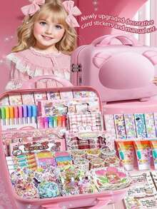 Girls DIY Craft Set, Includes Notebook, Sticker Making Kit, Fake Cream Glue And Decorative Accessories, Children's Toy Stationery Gift Box, And A Complete Cream Sticker Gift Box. This Fun DIY Sticker Craft Set Is Suitable For Children Of All Ages, Can Be Used As Birthday, Christmas Or Holiday Gifts.