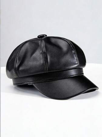 1pc Unisex Adjustable PU Leather Octagonal Cap, Korean Fashion Star Style, Autumn/Winter Retro British Beret Hat