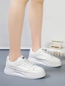 Women Thick Sole Lace-Up Casual Sneakers, Fashionable White Platform Shoes, Waterproof, Suitable For Spring And Autumn