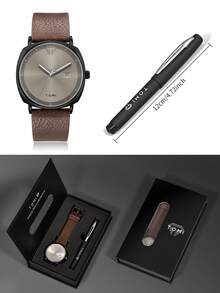 TOMI Men's Quartz Watch With Pen Set, Minimalist Business Style Calendar Watch, High-End Leather Strap, Gift Box, Suitable For Daily Life, Business Events, Christmas - Brown - View 2