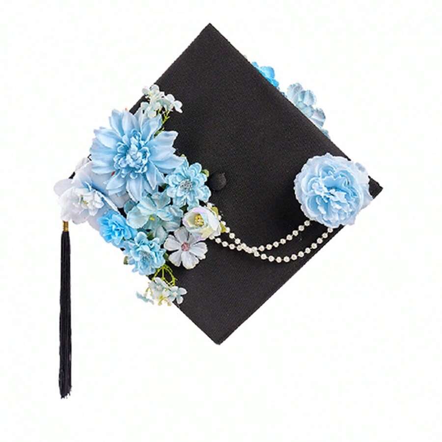 Graduation Cap Decorations Kit DIY Grad Cap Topper With Artificial Flowers White Beaded Chain For Women - Blue - View 1