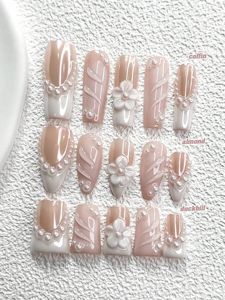 10片透明软胶美甲贴,亚克力美甲套装,手绘五瓣白色雕塑花美甲装饰,不对称白色水钻波浪设计,纯色水波纹美甲装饰,白色指甲油,包含美甲工具(1片果冻贴+1个指甲锉),3种尺寸可选:杏仁形、鸭嘴形、棺材形,适合通勤、情人节、派对、玩耍和拍照、冬季日常美甲,手工美甲贴片 - 彩色 - 查看 1