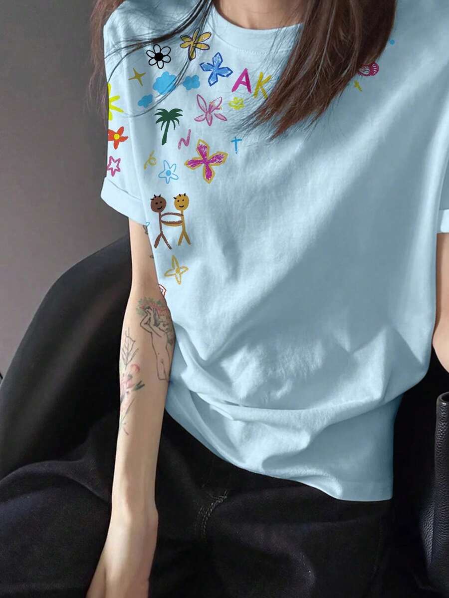 学生夏季特色印花短袖T恤,复古美式风格女式休闲度假上衣 - 淺 藍色 - 查看 1