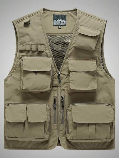 Men's Khaki Casual Fishing/Travel/Outdoor Multi-Pocket Vest Jacket, Suitable For Spring, Summer, Autumn And Winter, Hiking, Photography, Fishing, Camping, Hunting, Tactical Journalist Vest