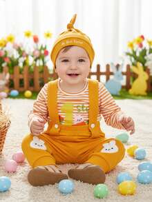 Conjunto de ropa de Pascua para niñas pequeñas, mono de manga larga con estampado de letras de conejito, pantalones y gorro. - Champán - Ver 5